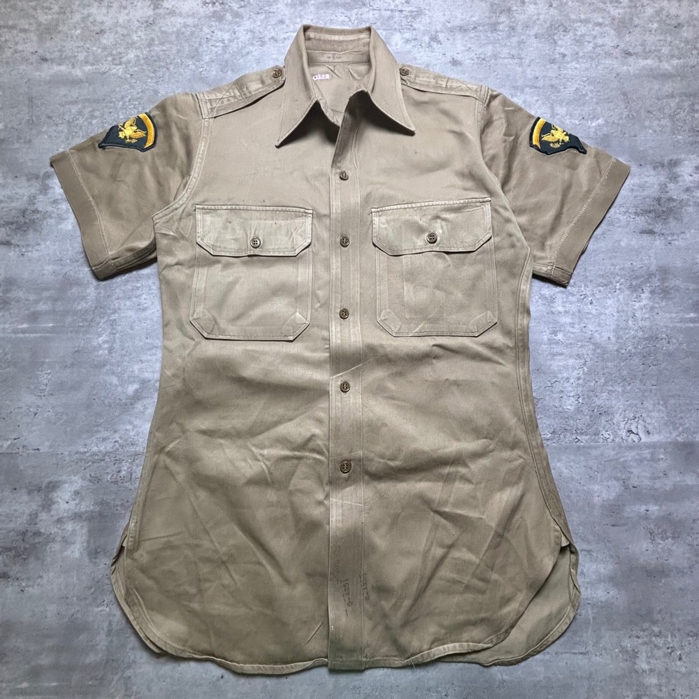 Vintage Military Army Button Down Shirt Small Khaki Short Sleeve Patch Detail